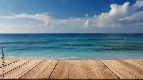 wooden board and blurred sparkling sea at the background. It is possible to place your product. Summer holiday concept