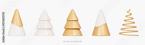 3D Gold and beige Christmas tree icon set. New year emoji objects. Abstract decorations for Christmas cards. Cone and spiral pine tree with snow. Cartoon creative design icons. 3D Vector Illustration