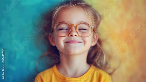 Cheerful Young Girl Smiling with Glasses Against a Colorful Background, Radiating Innocent Joy and Playful Energy in a Vibrant Portrait Capturing Childhood Happiness