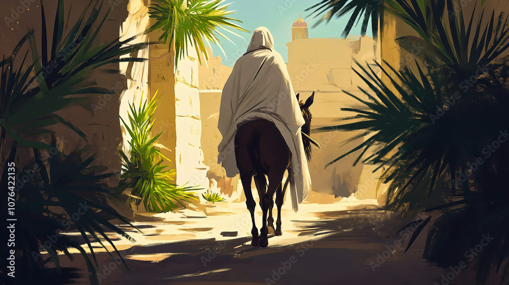 Fototapeta premium donkey jerusalem jesus, biblical christ christian faith worship, holy religious easter procession messiah, spiritual triumphal entry, divine palm
