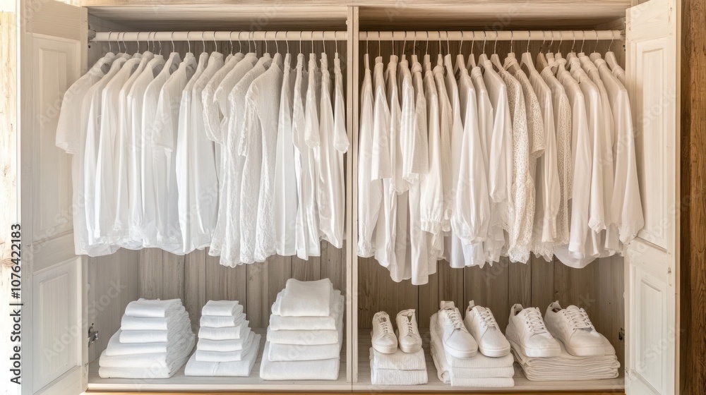 A neatly organized wardrobe filled with white clothing and accessories. A neatly organized wardrobe filled with white clothing and accessories.