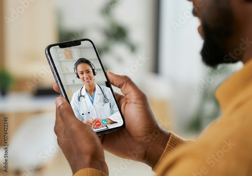 Obraz na płótnie Patient having video consultation with doctor on smartphone, using telehealth platform for remote medical assistance w salonie