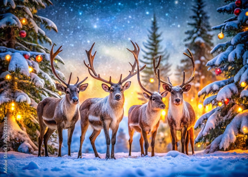Captivating Winter Wonderland: Reindeer Amidst Festive Decorations in a Snowy Landscape Captivating Winter Wonderland: Reindeer Amidst Festive Decorations in a Snowy Landscape