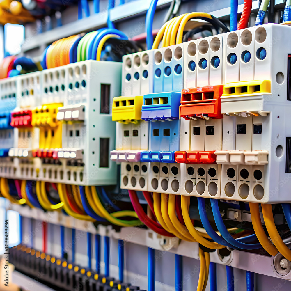 An intricate close-up of a circuit breaker reveals detailed components and labels. An intricate close-up of a circuit breaker reveals detailed components and labels.