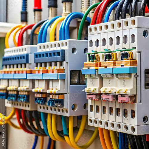 An intricate close-up of a circuit breaker reveals detailed components and labels.