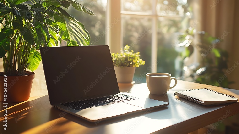 Fototapeta premium Serene Home Workspace with Laptop and Coffee Next to Potted Plants in Sunny Room : Generative AI