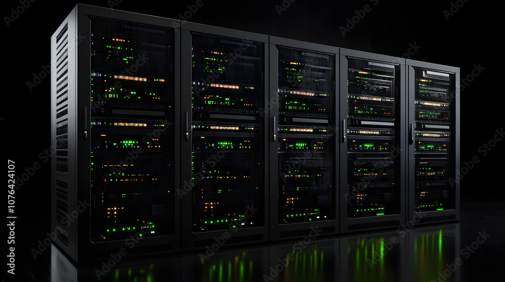 Dark servers data center room with bright halo light going through the corridor 3D rendering Dark servers data center room with bright halo light going through the corridor 3D rendering