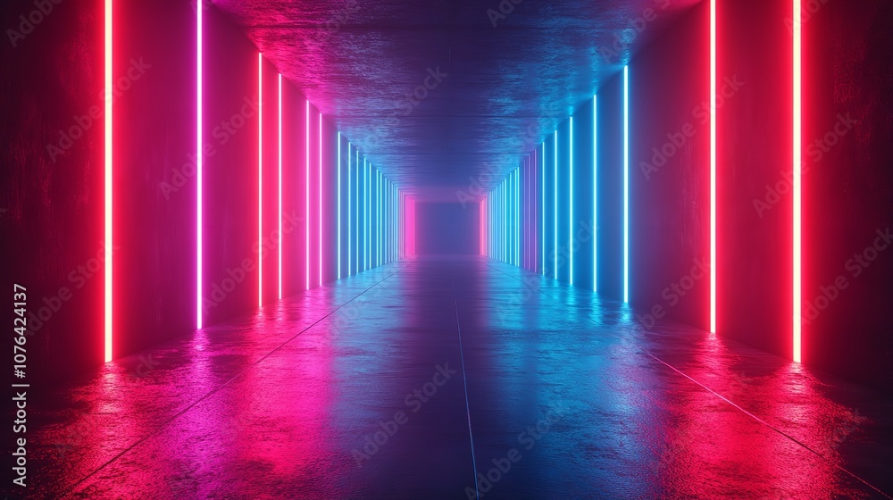A suspenseful corridor bathed in neon pink and blue lights, filled with mist creating an eerie and captivating ambiance perfect for a dystopian setting. A suspenseful corridor bathed in neon pink and blue lights, filled with mist creating an eerie and captivating ambiance perfect for a dystopian setting.