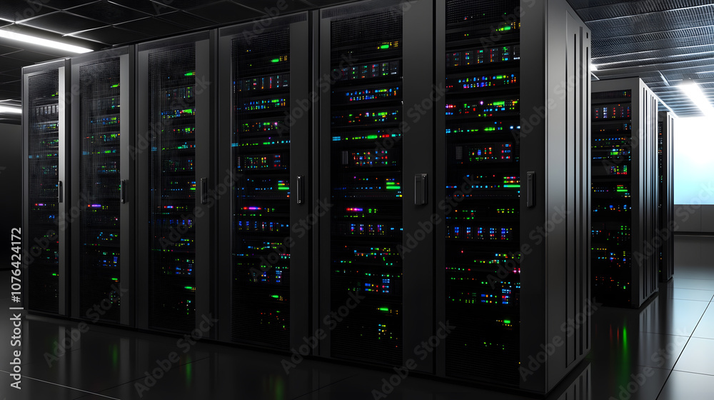 Dark servers data center room with bright halo light going through the corridor 3D rendering Dark servers data center room with bright halo light going through the corridor 3D rendering