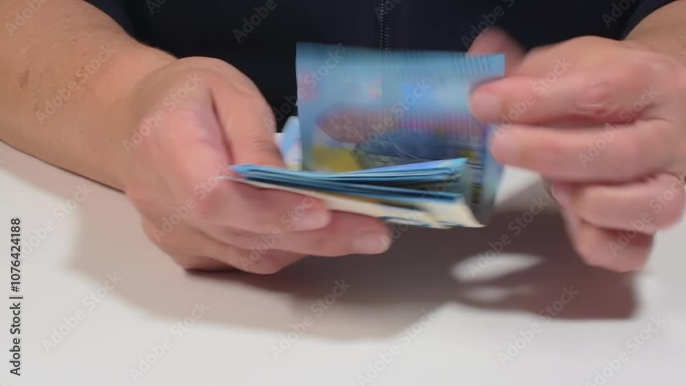 Counting Money in Hands. European Union Money. White Woman Counting 20 Euro Banknotes - Front View, Close-Up. Blue Paper Cash. Twenty Euro in Hands. Income, Savings, and Spending Money Concept Counting Money in Hands. European Union Money. White Woman Counting 20 Euro Banknotes - Front View, Close-Up. Blue Paper Cash. Twenty Euro in Hands. Income, Savings, and Spending Money Concept