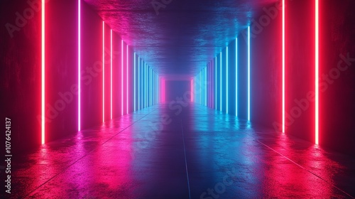 A suspenseful corridor bathed in neon pink and blue lights, filled with mist creating an eerie and captivating ambiance perfect for a dystopian setting.