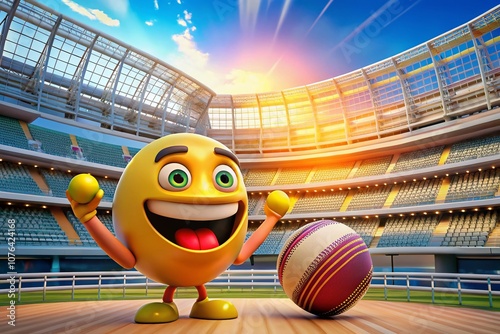 Cartoon Emoticon of a Number 1 Fan Holding a Cricket Ball in a Looping Animation Style with Architectural Elements in the Background photo