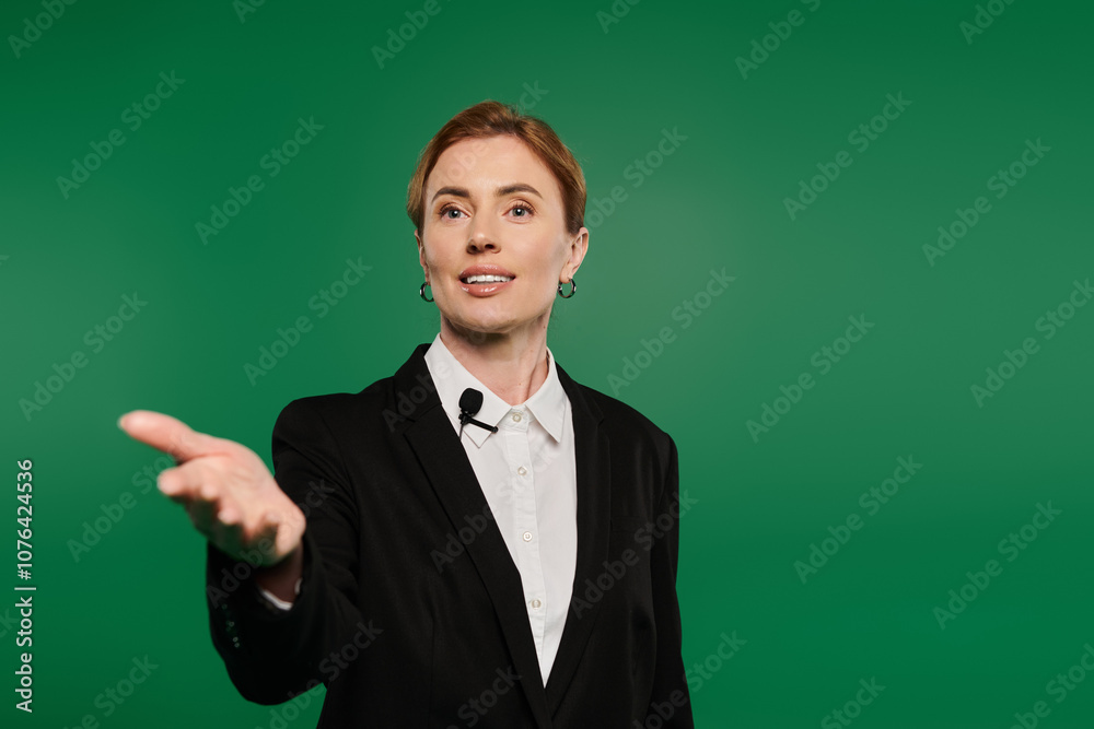 A poised television presenter in formal black attire captivates the audience against a vibrant green background. A poised television presenter in formal black attire captivates the audience against a vibrant green background.