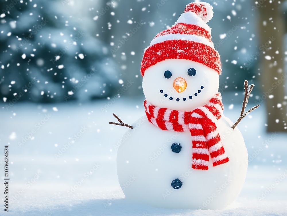 Adorable Snowman with Striped Scarf Enjoys Snowy Winter Day Outdoors : Generative AI Adorable Snowman with Striped Scarf Enjoys Snowy Winter Day Outdoors : Generative AI