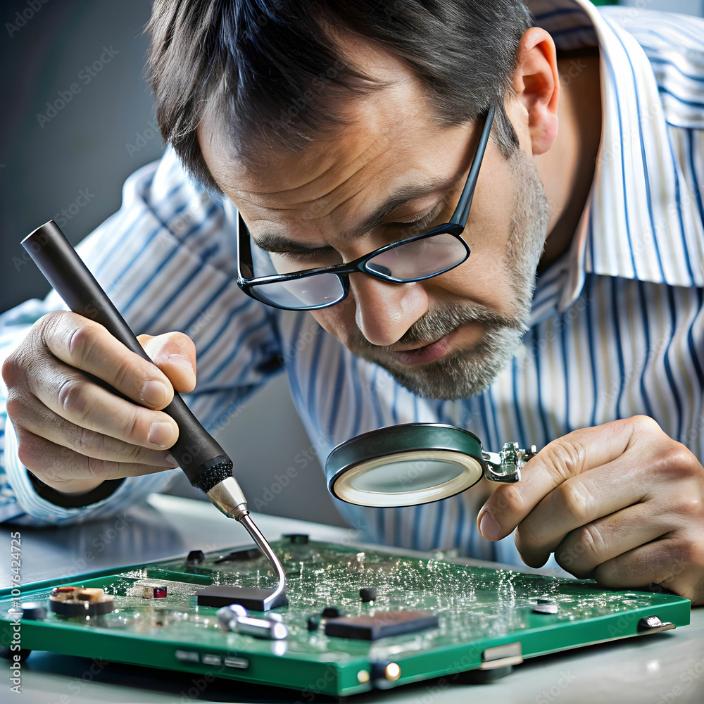 An electrician uses a digital multimeter in a high-tech environment. An electrician uses a digital multimeter in a high-tech environment.