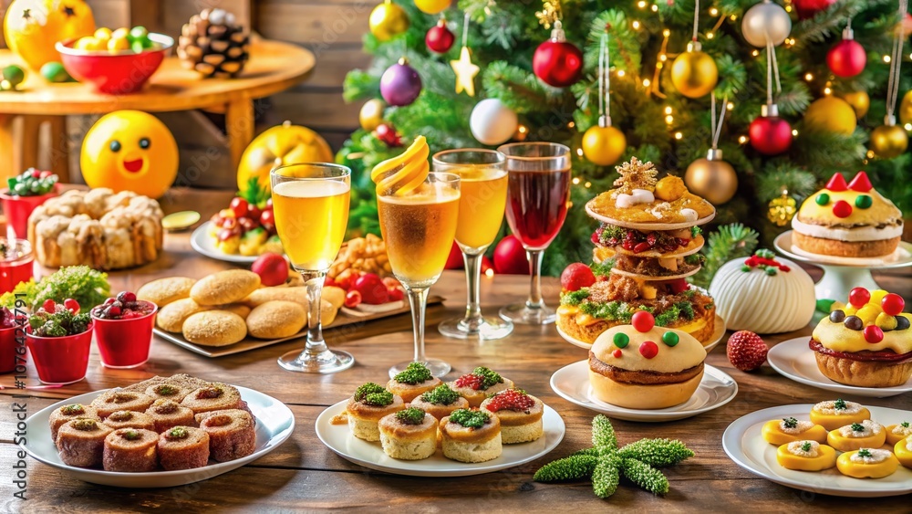 Celebrate the New Year with a Festive Spread of Delicious Food, Colorful Drinks, and Joyful Decorations to Welcome a Happy New Year Atmosphere Celebrate the New Year with a Festive Spread of Delicious Food, Colorful Drinks, and Joyful Decorations to Welcome a Happy New Year Atmosphere