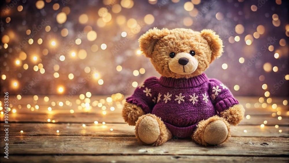Charming Ginger Teddy Bear in Bright Purple Christmas Sweater with Snowflakes, Perfectly Posed for a Vintage Style Holiday Photography Session Charming Ginger Teddy Bear in Bright Purple Christmas Sweater with Snowflakes, Perfectly Posed for a Vintage Style Holiday Photography Session