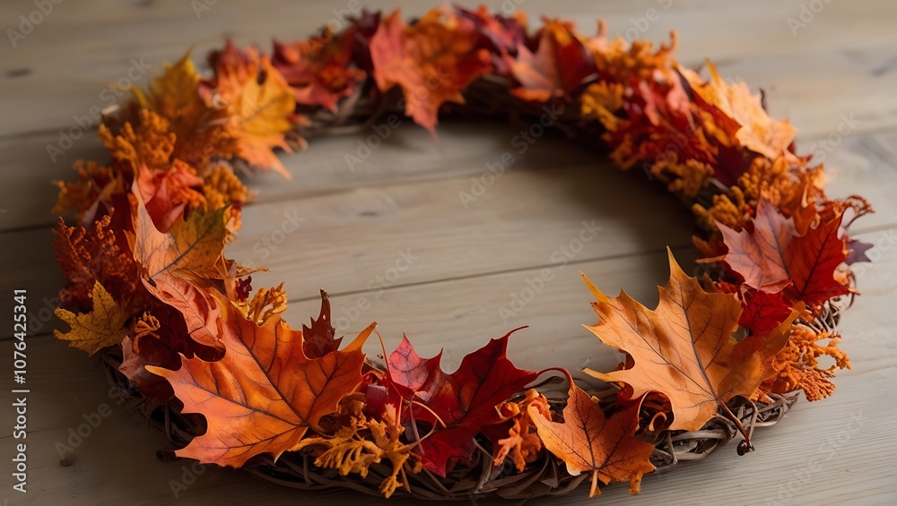 Obraz premium Autumn Leaf Wreath on Wooden Background