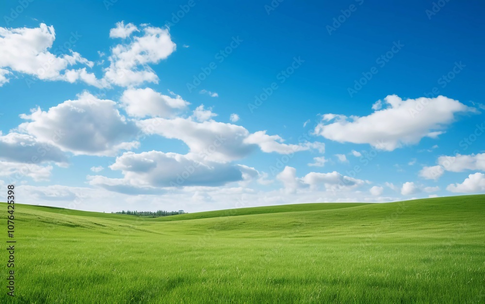 A serene landscape featuring lush green fields under a bright blue sky with fluffy clouds. A serene landscape featuring lush green fields under a bright blue sky with fluffy clouds.