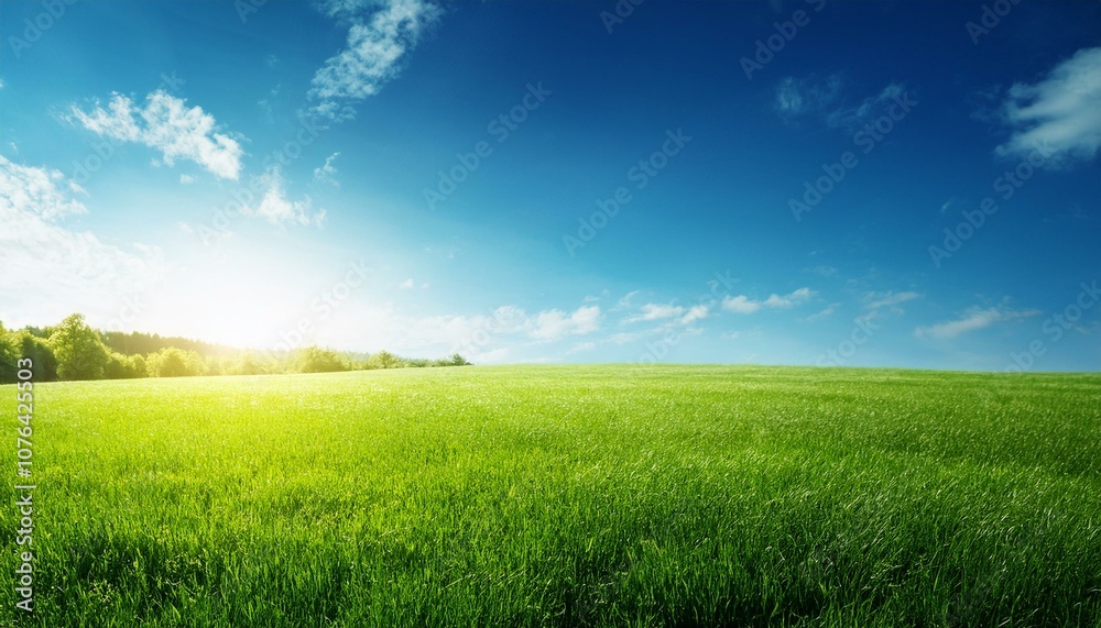 Fototapeta premium 透明なブルーの空と広がる緑の草原、太陽光が温かく照らすシンプルな風景。エコ意識とサステイナブルな未来をテーマにしたデザインにぴったりな自然の美しい背景素材です。 