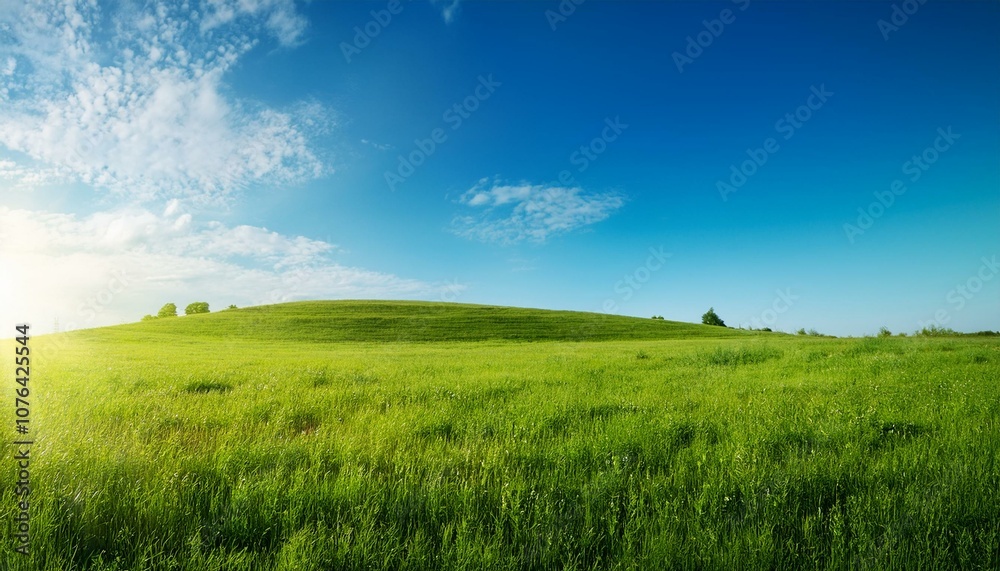 Obraz premium 透明なブルーの空、緑の草原、太陽光が温かく照らすシンプルな風景。エコでサステイナブルな未来をテーマにしたデザインに最適で、自然との調和を感じさせる背景素材です。