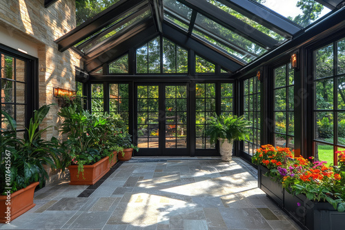 Sun-Kissed Greenhouse with Black Windows and Open Layout for a Bright Garden