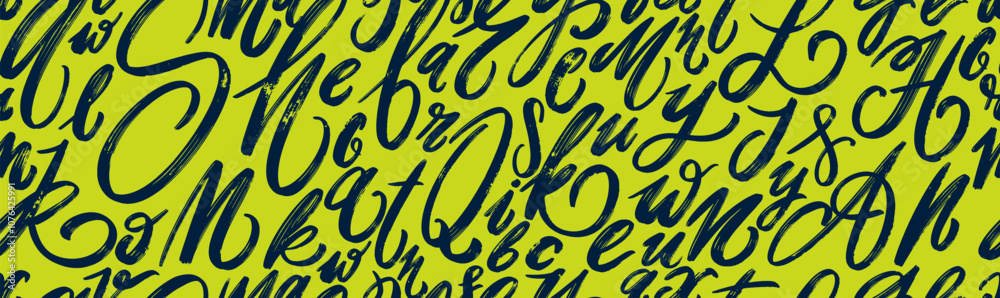 Seamless pattern brush drawn black alphabet letters. Modern brush calligraphy lettering ornament. Lowercase, uppercase vector letters hand drawn typography. Seamless Hand draw alphabet in random order