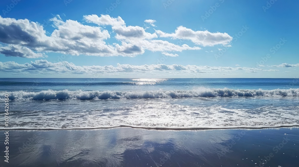 Fototapeta premium Tranquil ocean waves gently lapping at the shore under a bright blue sky with fluffy white clouds.
