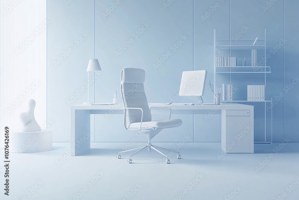 Fototapeta premium Minimalist Home Office Design: White Desk, Chair, and Computer in a Light Blue Room