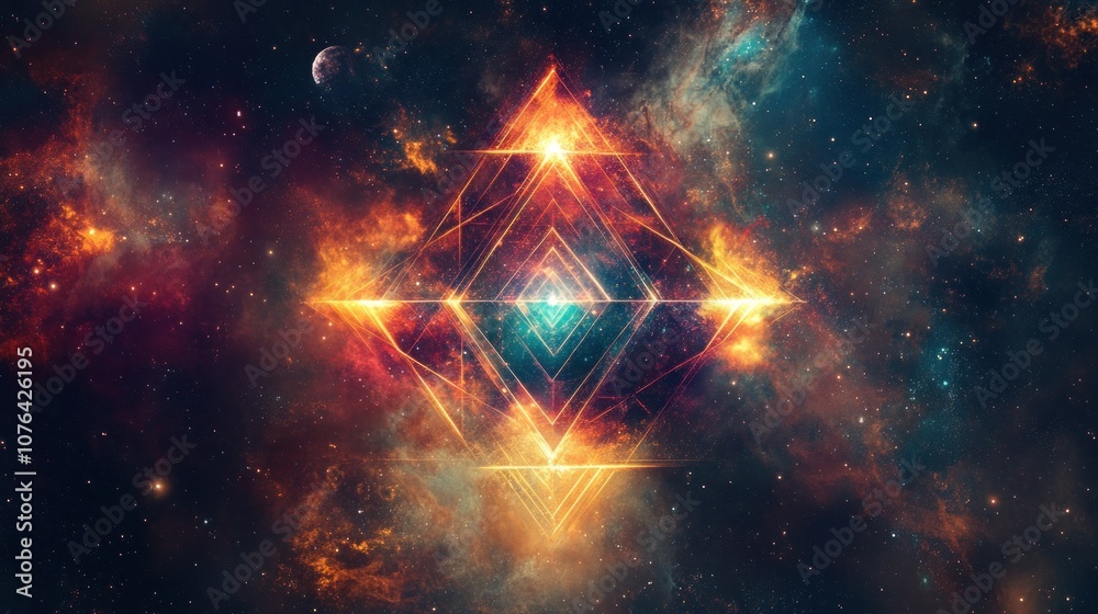 A glowing geometric shape against a backdrop of stars and nebulae A glowing geometric shape against a backdrop of stars and nebulae