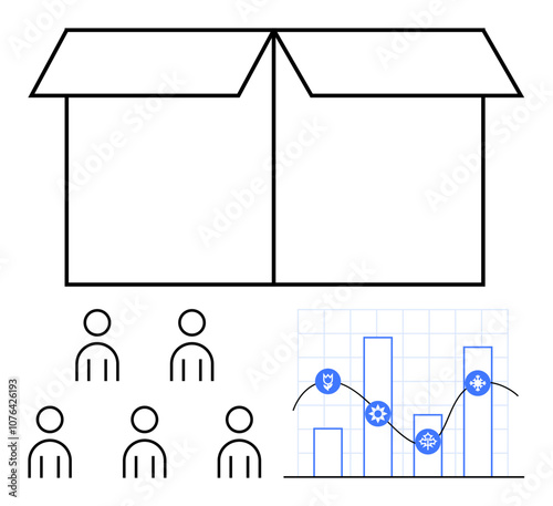 Open box group of six people, graph with upward and downward trends, and small blue icons of gears and shields. Ideal for teamwork, packaging, analytics, protection, security, growth, data