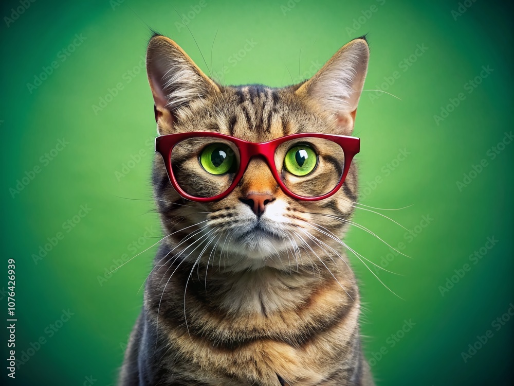 Fototapeta premium Cinematic Portrait of a Stylish Cat Wearing Glasses Against a Vibrant Green Background, Perfect for Cat Lovers and Pet Enthusiasts, Showcasing Feline Charm and Personality