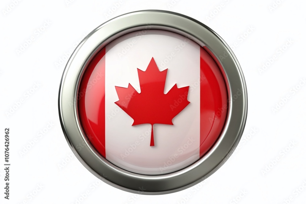 Circular Button with Sleek Metal Border Featuring the Flag of Canada Isolated on a Clean White Background for Design Applications and Creative Projects Circular Button with Sleek Metal Border Featuring the Flag of Canada Isolated on a Clean White Background for Design Applications and Creative Projects