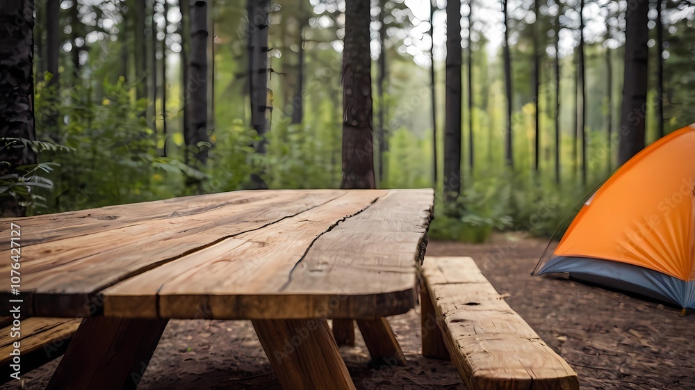 Wood table and blurred background camping and tents in forest. summer concept Wood table and blurred background camping and tents in forest. summer concept