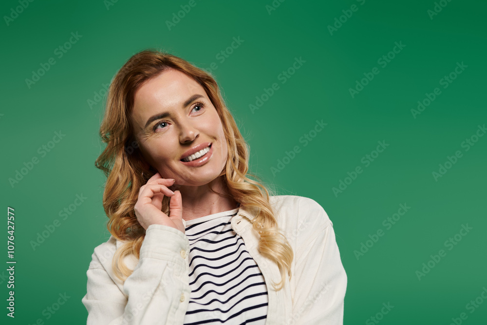 A woman with beautiful curly hair wears casual clothing, thoughtfully smiling against a bright green background. A woman with beautiful curly hair wears casual clothing, thoughtfully smiling against a bright green background.