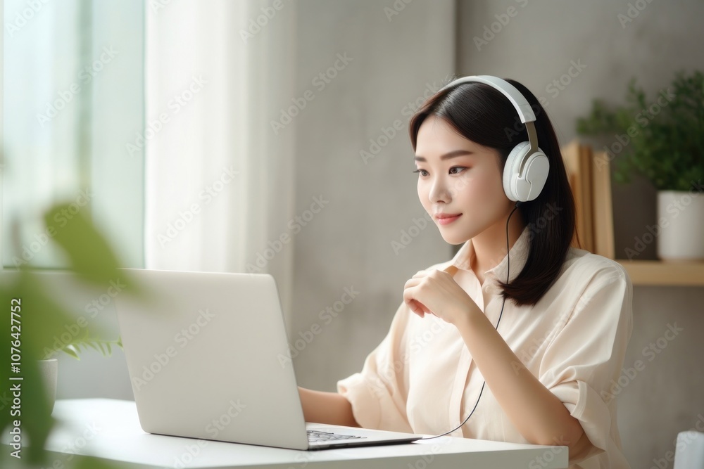 Woman wearing headset computer laptop headphones. Woman wearing headset computer laptop headphones.