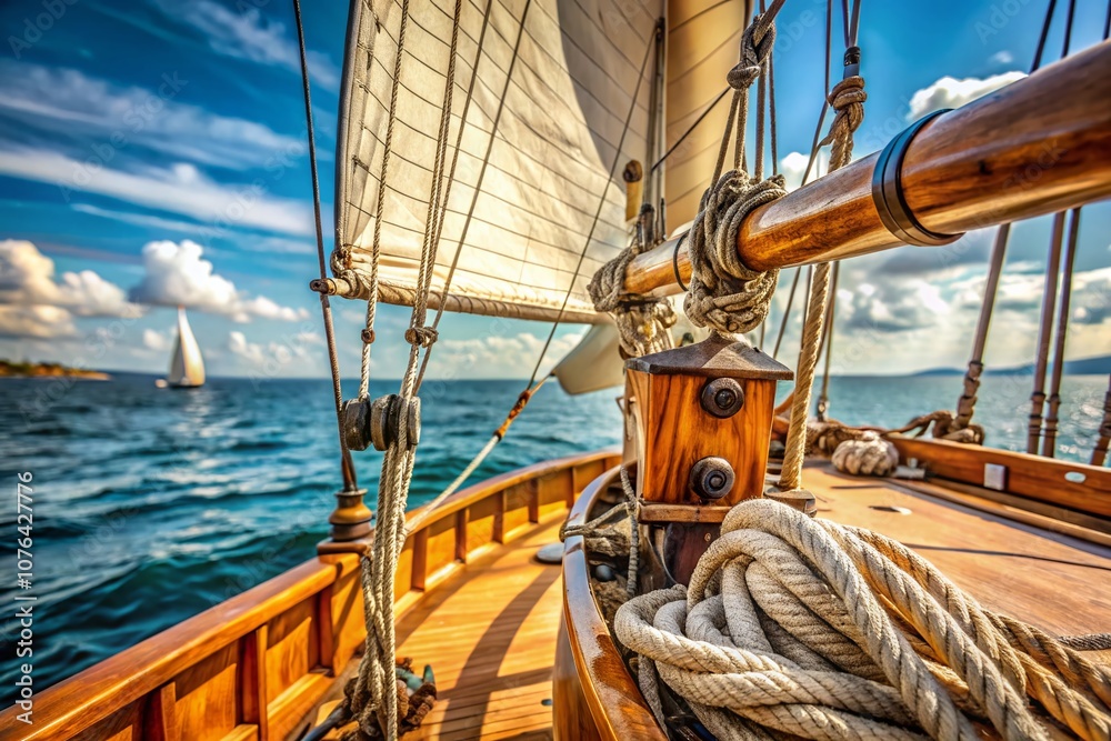 Fototapeta premium Close-Up Details of Vintage Sailing Hardware and Canvas Sail on a Classic Sailboat, Capturing the Beauty of Maritime Craftsmanship with Ample Copy Space for Design Use