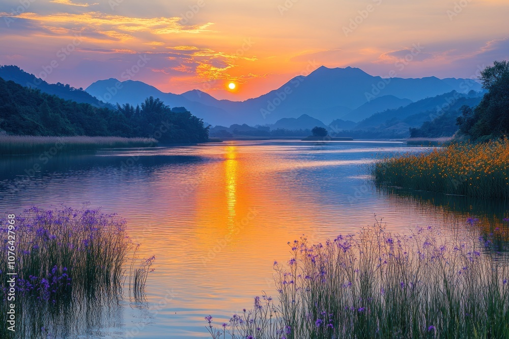 Sunset Over a Mountain Lake with Purple and Yellow Flowers Sunset Over a Mountain Lake with Purple and Yellow Flowers