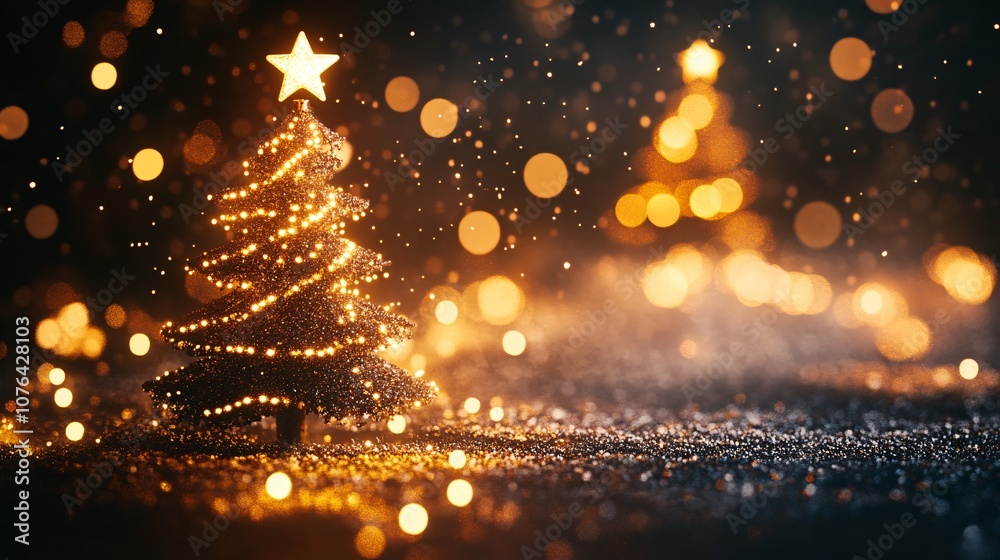 Naklejka premium Christmas tree shining with golden lights on a sparkling background