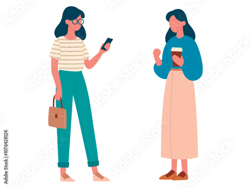 Young people, students, girls, discussing, with bags and phones in their hands, in different clothes.