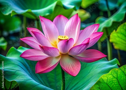 Close-Up Macro Photography of a Pink Lotus Water Lily Surrounded by Lush Green Leaves, Capturing the Intricate Details and Natural Beauty of Aquatic Flora