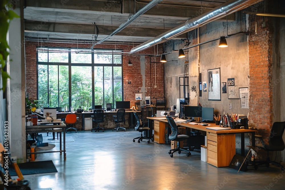 Modern Industrial Office Interior Design with Brick Walls and Open Workspace Modern Industrial Office Interior Design with Brick Walls and Open Workspace
