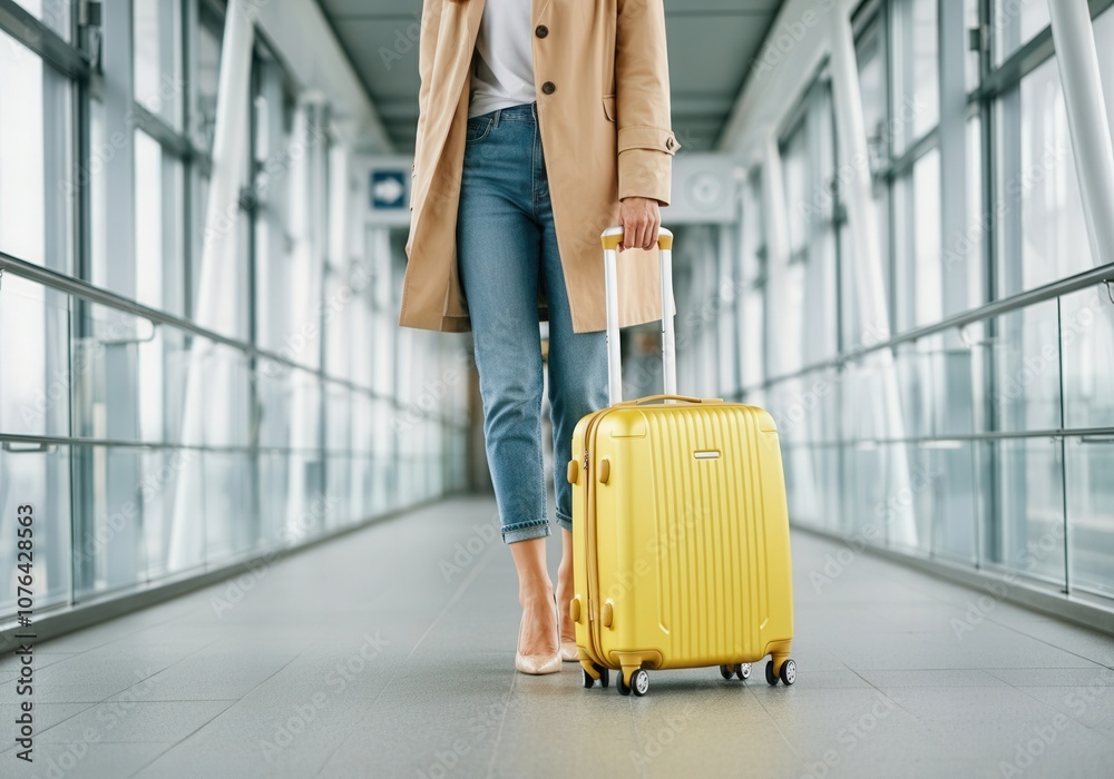 Businesswoman is walking with yellow suitcase in airport terminal