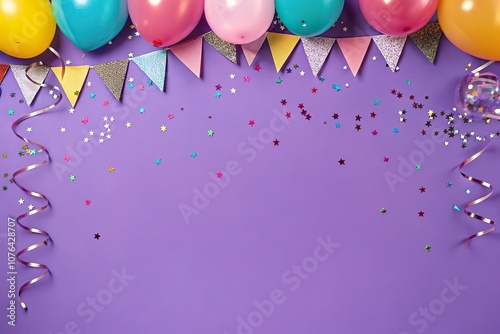 Luftballons und Girlande als festliche Dekoration auf lila Hintergrund photo