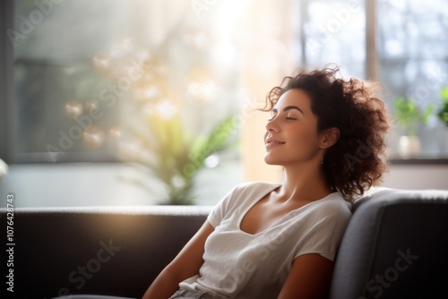 Relaxing woman sitting adult sofa.