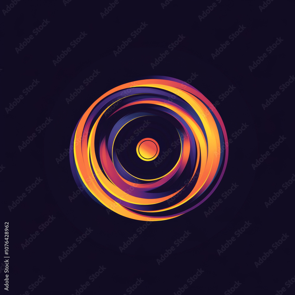 Abstract swirling circle design with vibrant orange, yellow, and purple colors on a dark blue background. Abstract swirling circle design with vibrant orange, yellow, and purple colors on a dark blue background.