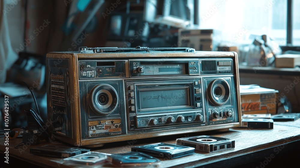 Fototapeta premium Vintage Radio with Cassette Tapes on a Wooden Table