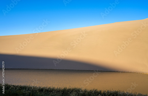 The landscape of desert and oasis against blue sky photo