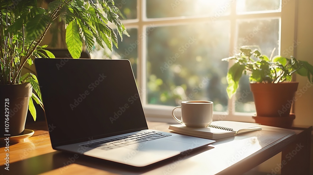 Sunlit Workspace with Modern Laptop and Cup of Coffee on Wooden Desk : Generative AI Sunlit Workspace with Modern Laptop and Cup of Coffee on Wooden Desk : Generative AI