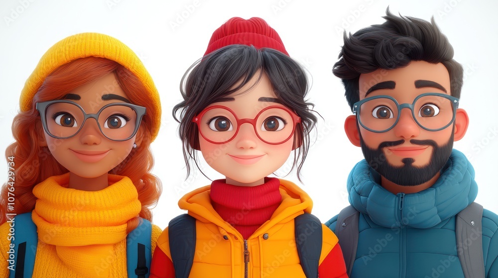 Three animated friends in winter attire, smiling together.